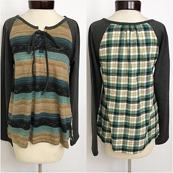 Boho Chic Plaid Striped Lace Up Front Top Small - Picture 8 of 8